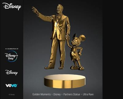 The statue of Walt Disney and Mickey NFT from Disney's Golden Moments NFT collection. Photo: Disney, VeVe
