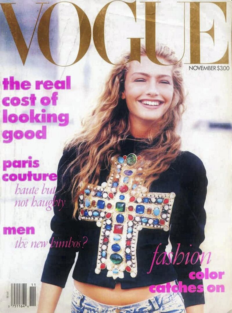 Anna Wintour's first ever cover as Editor of American Vogue, 1988 was shot by Peter Lindbergh, and featured a Christian Lacroix  beaded cardigan with Guess jeans