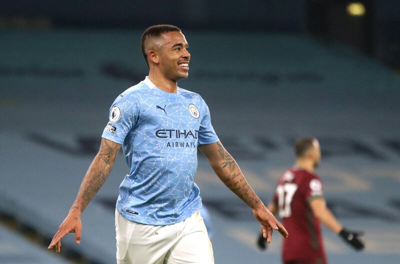 Gabriel Jesus celebrates scoring City's fourth goal. Reuters