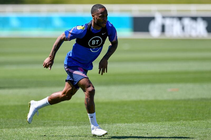 England's midfielder Raheem Sterling takes part in a training session at the St. George's Park stadium in Burton-upon-Trent on June 9, 2021, ahead of the UEFA EURO 2020 football competition. (Photo by JUSTIN TALLIS / AFP)