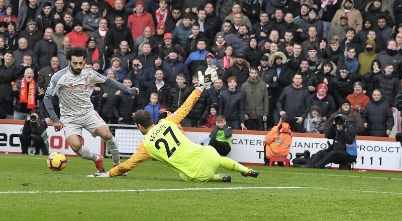 BOURNEMOUTH, ENGLAND - DECEMBER 08: (THE SUN OUT, THE SUN ON SUNDAY OUT) Mohamed Salah of Liverpool scores his third and Liverpool's fourth during the Premier League match between AFC Bournemouth and Liverpool FC at Vitality Stadium on December 8, 2018 in Bournemouth, United Kingdom. (Photo by Nick Taylor/Liverpool FC via Getty Images)