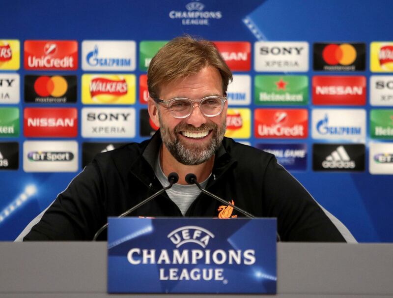 Liverpool soccer team manager Jurgen Klopp reacts during a media conference at Anfield in Liverpool, England, Tuesday April 3, 2018. Manchester City and Liverpool will play the first leg of their Champions League soccer quarter final on Wednesday. (Richard Sellers/PA via AP)