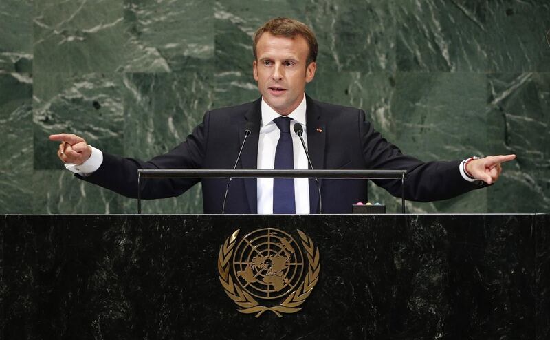 French President Emmanuel Macron reacts as he waits to be introduced to address the General Debate of the General Assembly of the United Nations at United Nations Headquarters.  EPA