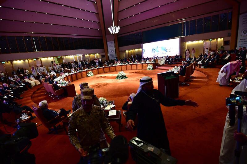 A general view of the hall housing the preparatory meeting of Arab Foreign Ministers ahead of the 28th Summit of the Arab League in Riyadh. Giuseppe Cacace / AFP Photo