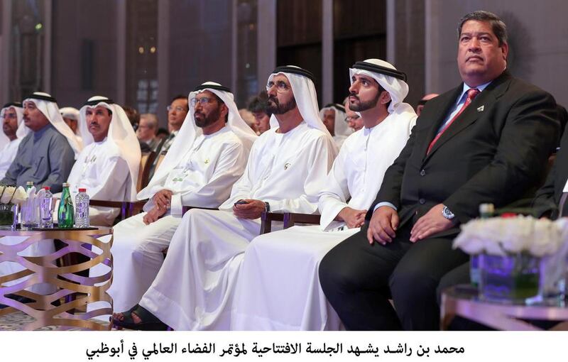 Sheikh Mohammed bin Rashid, Vice President and Ruler of Dubai, and Sheikh Hamdan bin Mohammed, Crown Prince of Dubai, attend the first day of the two-day Global Space Congress in Abu Dhabi on Tuesday. Wam