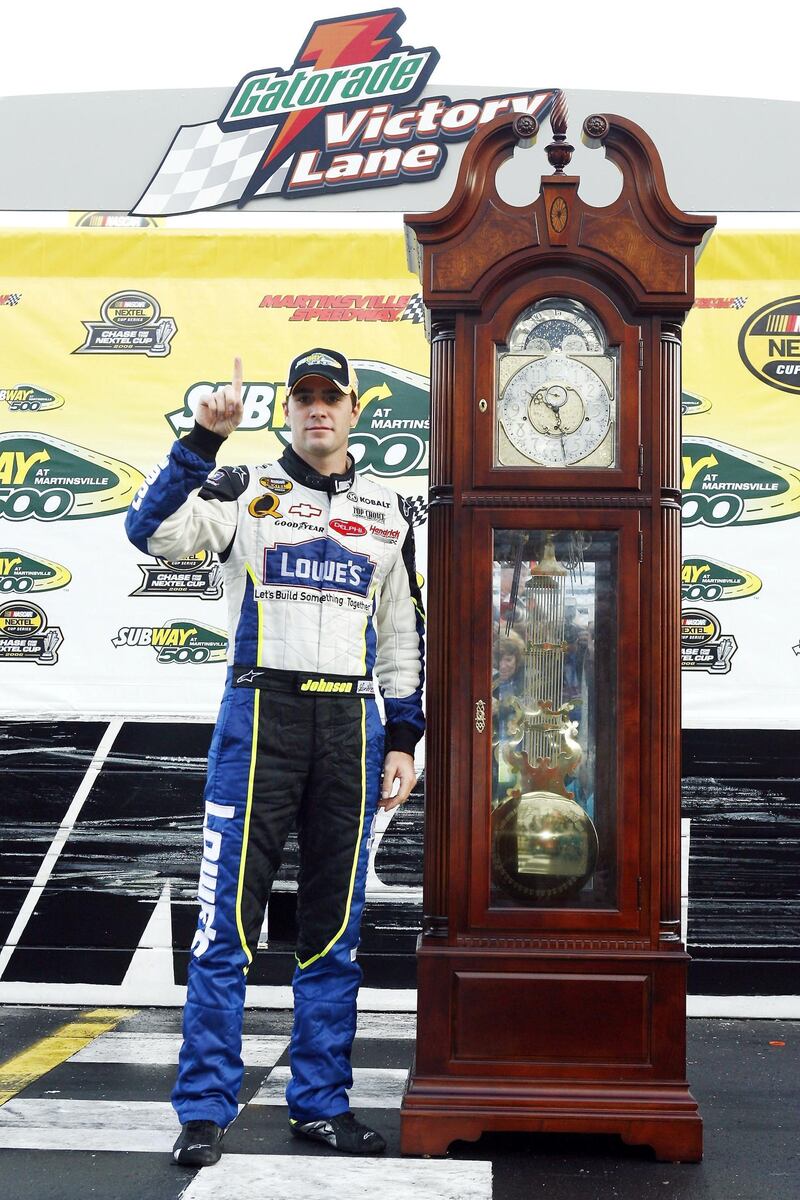 Jimmie Johnson, driver of the #48 Lowe's Chevrolet, stands next to the Grandfather Clock trophy following the NASCAR Nextel Cup Series Subway 500 22 October 2006 at Martinsville Speedway in Martinsville, Virgina.       AFP PHOTO/Chris Graythen/Getty Images          FOR NEWSPAPERS, INTERNET, TELCOS AND TELEVISION USE ONLY