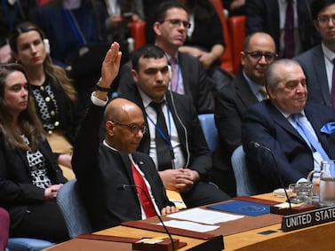 US deputy ambassador to the UN Robert Wood vetoes a resolution that would given Palestinian UN membership, on April 18. AFP