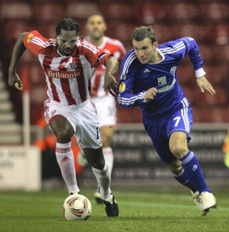 Football - Stoke City v Dynamo Kiev - UEFA Europa League Group Stage Matchday Five Group E - Britannia Stadium, Stoke, England - 11/12 - 1/12/11 
Stoke City's Salif Diao in action against Dynamo Kiev's Andriy Shevchenko  
Mandatory Credit: Action Images / Carl Recine