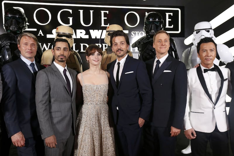Mads Mikkelsen, Ahmed, Felicity Jones, Diego Luna, Alan Tudyk and Donnie Yen at the world premiere of 'Rogue One: A Star Wars Story' in Los Angeles, California. Reuters