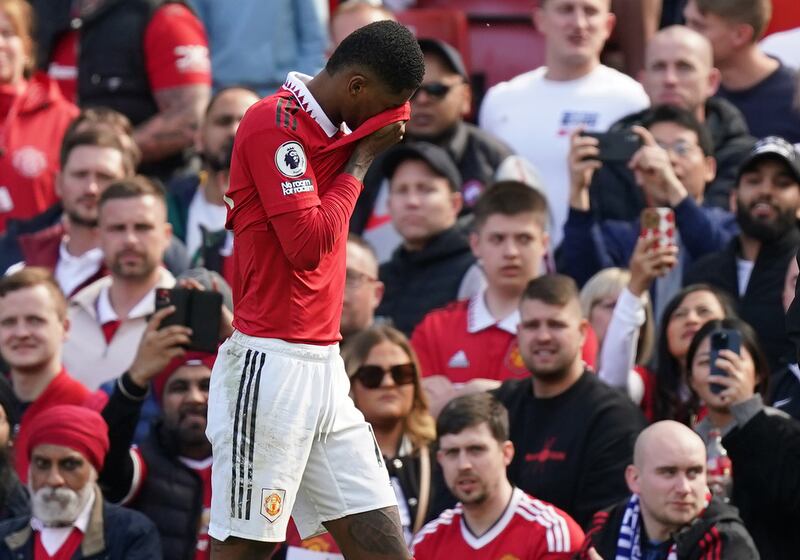 Manchester United's Marcus Rashford after picking up an injury against Everton at Old Trafford on Saturday, April 8, 2023. PA