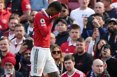 Manchester United's Marcus Rashford is substituted after picking up an injury during the Premier League match at Old Trafford, Manchester. Picture date: Saturday April 8, 2023.
