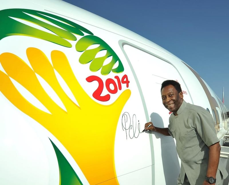Pele signs the Emirates plane ahead of the World Cup. Courtesy Emirates