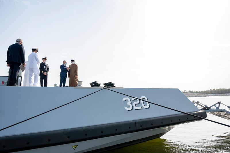 ABU DHABI, UNITED ARAB EMIRATES - February 23, 2021: HH Sheikh Mohamed bin Zayed Al Nahyan, Crown Prince of Abu Dhabi and Deputy Supreme Commander of the UAE Armed Forces (R), tours the 2021 Naval Defence and Maritime Security Exhibition (NAVDEX), at ADNEC. 

( Hamad Al Kaabi / Ministry of Presidential Affairs )​
---