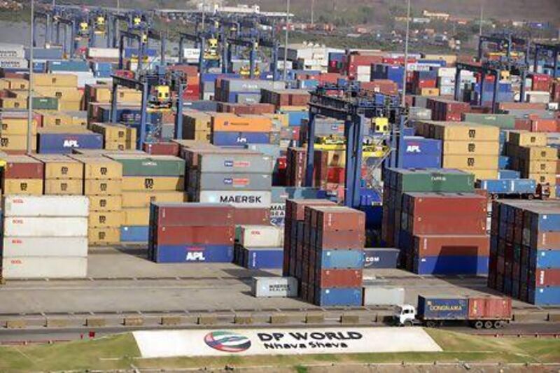 Containers are stacked at DP World's Nhava Sheva Gateway Terminal. The company is India's biggest container terminal operator. Adeel Halim / Bloomberg News