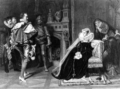 1st February 1587, The death warrant of Mary Queen of Scots (1542 - 1587), authorised by Elizabeth I, is brought to her in her prison. Mary had ascended to the Scottish throne when she was six days old but in 1548 was sent to France as the prospective bride of the French Da (Photo by Hulton Archive/Getty Images)