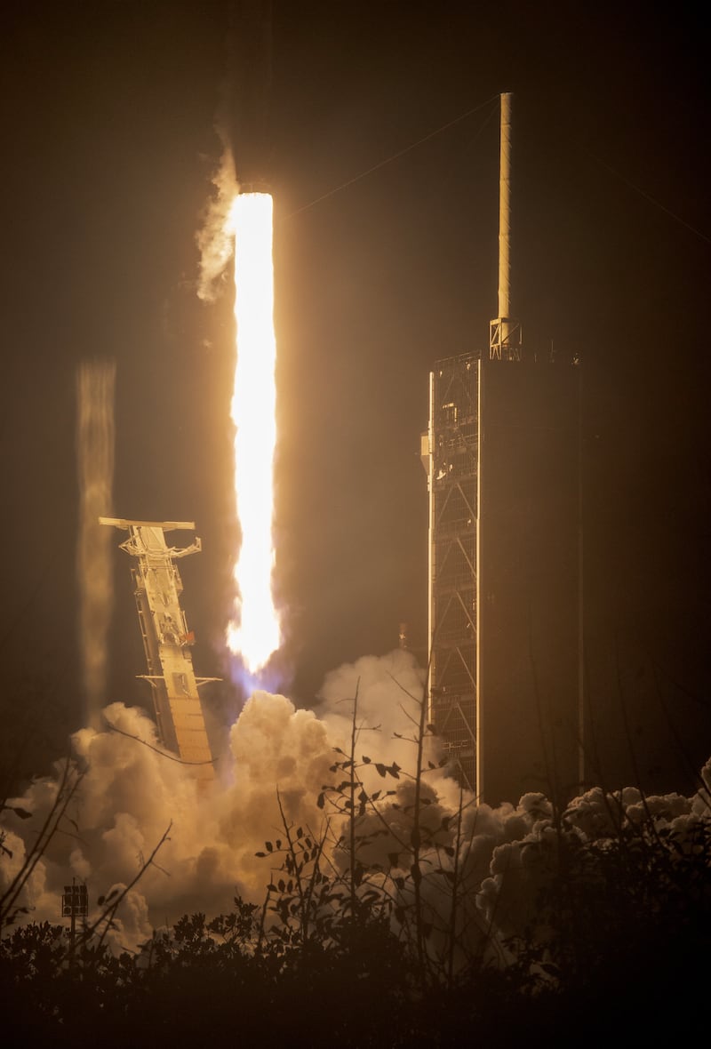 A SpaceX Falcon 9 rocket blasts off from a Florida spaceport on February 15, 2024, carrying the Odysseus lunar lander into space. EPA