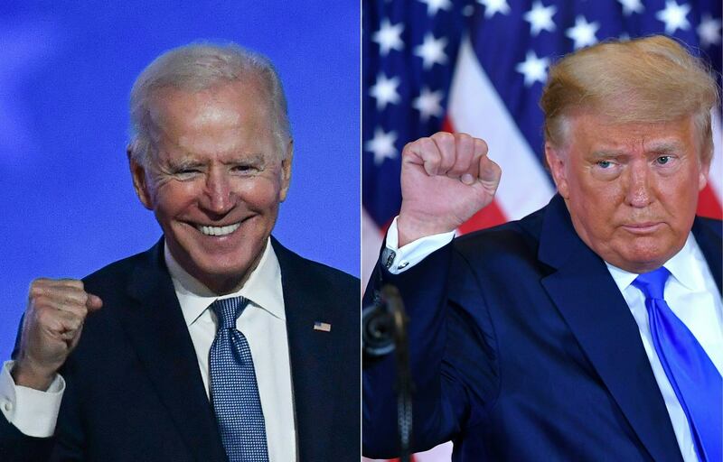 Democratic presidential nominee Joe Biden (L) in Wilmington, Delaware, and US President Donald Trump (R) in Washington, both during an election night speech early November 4, 2020. AFP