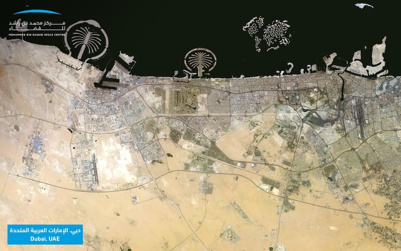 One of the most recent photos of Dubai taken in 2020 from space, showing the Palm Jumeirah, Palm Jebel Ali and the World Islands. MBRSC