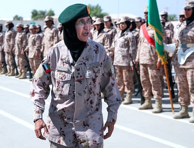 Brig Afra Saeed Al Falasi inspecting the cadets at the military school. Victor Besa / The National
