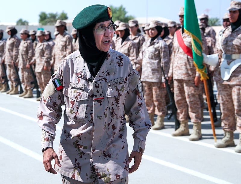 Brig Afra Al Falasi, commander of the military school, rallies the troops for another day of crucial training.