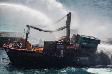 Firfighters tackle the blaze onboard the 'MV X-Press Pearl' off the coast of Sri Lanka. Reuters