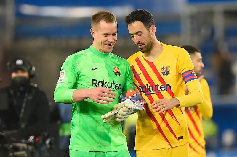 BARCELONA PLAYER RATINGNS: Marc-Andre Ter Stegen – 6. Easy save from a tame Pons effort in a very poor first half for Barca. The Basques created the best chances, but you don’t expect players like Joselu, one of La Liga’s top scorers, to miss from close range. AFP