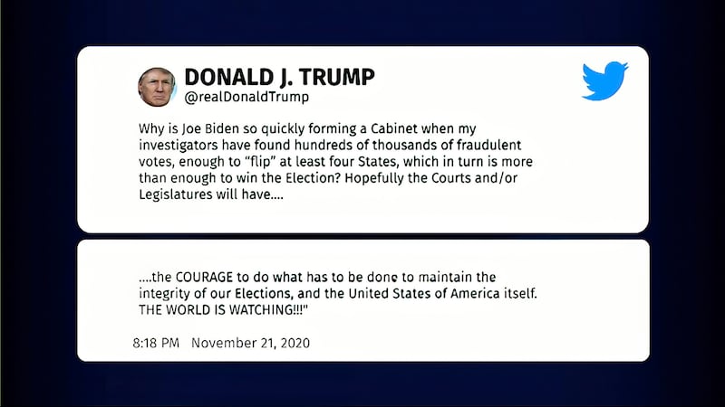 A tweet by former president Donald Trump is displayed at a hearing by the House select committee. House select committee / AP