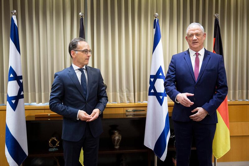 epa08477567 A pool picture made available by agency photothek.net on behalf of the German Foreign Ministry shows German Foreign Minister Heiko Maas (L) and Israeli Alternate Prime Minister and Defense Minister Benny Gantz (R) during their meeting in Tel Aviv, Israel, 10 June 2020. Maas is the first foreign cabinet-level official to visit Israel since the new Israeli government was inaugurated last month. He is set to later meet with Palestinian leaders via video conference, before heading to neighbouring Jordan.  EPA/FLORIAN GAERTNER / POOL