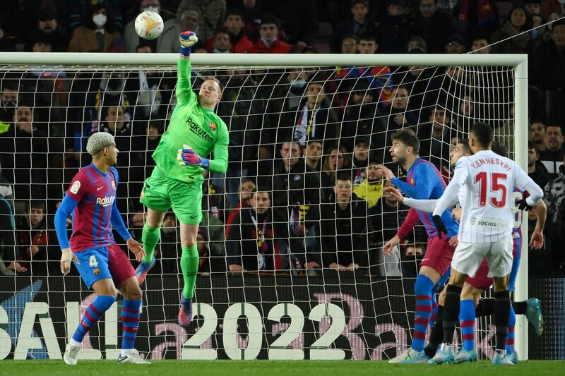 BARCELONA PLAYER RATINGS: Marc-Andre Ter Stegen – 7. Little to do in first half. Saved from Lamela on 47 and had to be alert as Sevilla created more chances around his area and Rakitic swung a free-kick over. Saved well from Martial on 70 and vital at the end. AFP