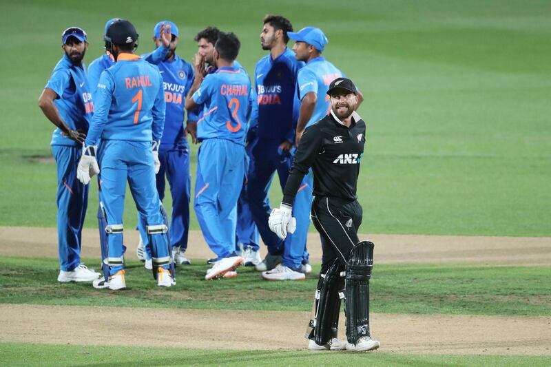 New Zealand’s Tom Blundell is dismissed at Seddon Park in Hamilton. AFP