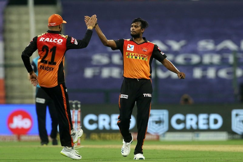 T Natarajan of Sunrisers Hyderabad  celebrates the wicket of Nitish Rana of Kolkata Knight Riders during match 8 of season 13 of the Dream 11 Indian Premier League (IPL) between the Kolkata Knight Riders and the Sunrisers Hyderabad held at the Sheikh Zayed Stadium, Abu Dhabi in the United Arab Emirates on the 26th September 2020.  Photo by: Vipin Pawar  / Sportzpics for BCCI