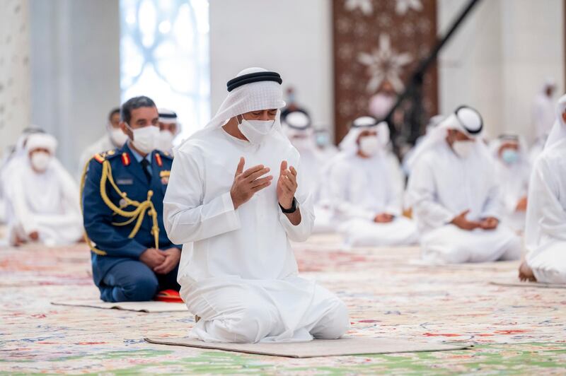ABU DHABI, UNITED ARAB EMIRATES - May 13, 2021: HH Sheikh Mohamed bin Zayed Al Nahyan, Crown Prince of Abu Dhabi and Deputy Supreme Commander of the UAE Armed Forces (C), attends Eid Al Fitr prayers at the Sheikh Zayed Grand Mosque. 

( Hamad Al Kaabi / Ministry of Presidential Affairs )​
---