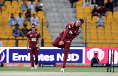 ABU DHABI , UNITED ARAB EMIRATES , Nov 19 – 2019 :- Chris Green of Northern Warriors bowling during the Abu Dhabi T10 Cricket match between Delhi Bulls vs Northern Warriors at Sheikh Zayed Cricket Stadium in Abu Dhabi. He took 3 wickets in this match. ( Pawan Singh / The National )  For Sports. Story by Paul