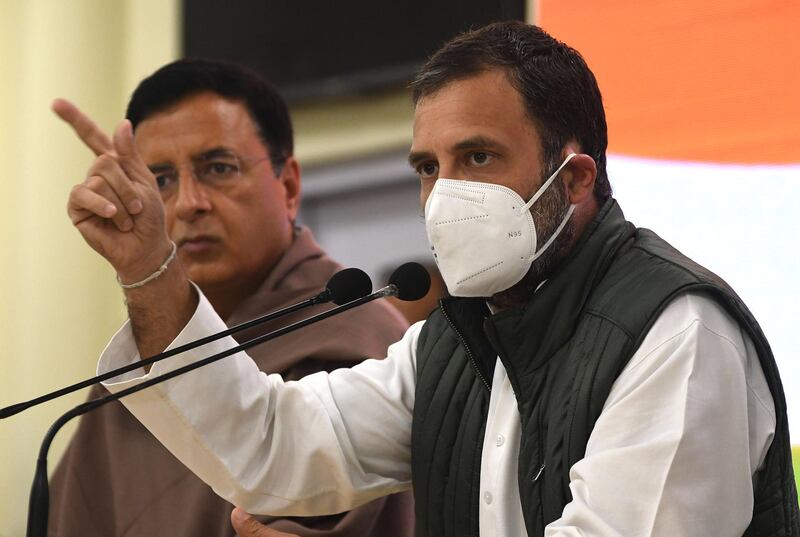 Indian National Congress leader Rahul Gandhi addresses a press conference in New Delhi, India. Congress has backed the protesting farmers. EPA