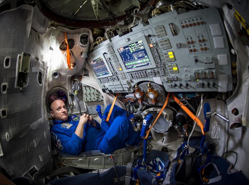 STAR CITY, RUSSIA - MARCH 5:  In this handout from the In this handout from National Aeronautics and Space Administration or NASA, (L to R) NASA Astronaut Scott Kelly is seen inside a Soyuz simulator at the Gagarin Cosmonaut Training Center (GCTC) March 5, 2015 in Star City, Russia. The three are preparing for launch to the International Space Station (ISS) in the Soyuz TMA-16M spacecraft from the Baikonur Cosmodrome in Kazakhstan on March 28, 2015. As the one-year crew, Kelly and Kornienko will return to Earth on Soyuz TMA-18M in March 2016.  (Photo by /Bill Ingalls/NASA via Getty Images)
