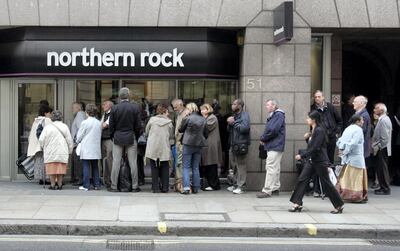 FILE: Northern Rock Plc customers stand in line outside the bank as they wait to withdraw their savings at a branch in Moorgate, London, U.K., on Monday, Sept. 17, 2007. This week marks the 10-year anniversary of the Northern Rock Plc failure that for shadowed the 2008 financial crisis. Queues formed outside branches as thousands of Northern Rock customers led the first run on a British bank since 1866. As we look back on the anniversary, our editors select the best archive images from the crisis. Photographer: Will Wintercross/Bloomberg
