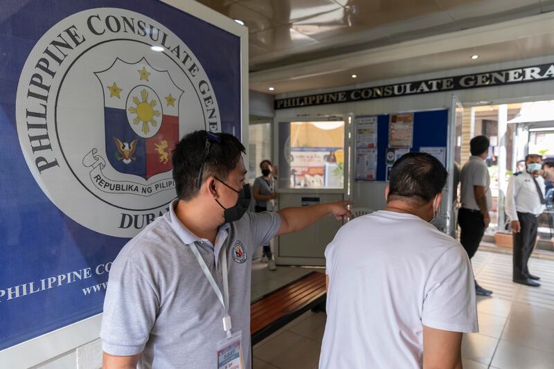 Filipino citizens visit the Philippines’ consulate in Al Qusais, Dubai, to vote in their country’s presidential election