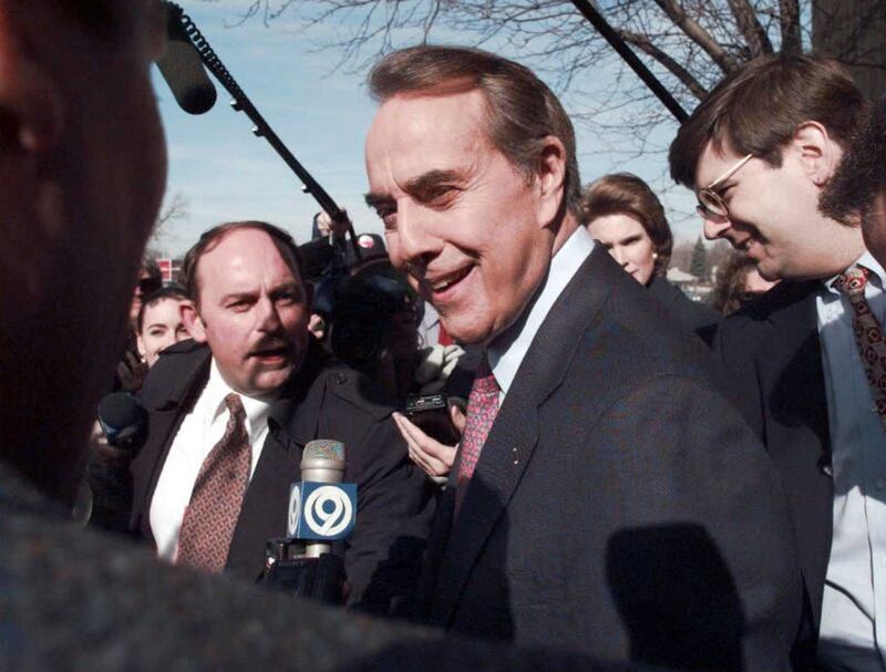 US Presidential candidate Dole leaves a rally at West High School in Davenport, Iowa, in February 1996. AFP