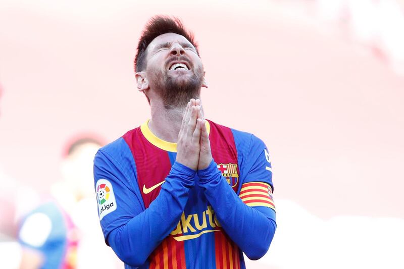 Barcelona's Lionel Messi after a missing a chance during the goalless La Liga draw with Atletico Madrid at Camp Nou on Saturday, May 8. AP