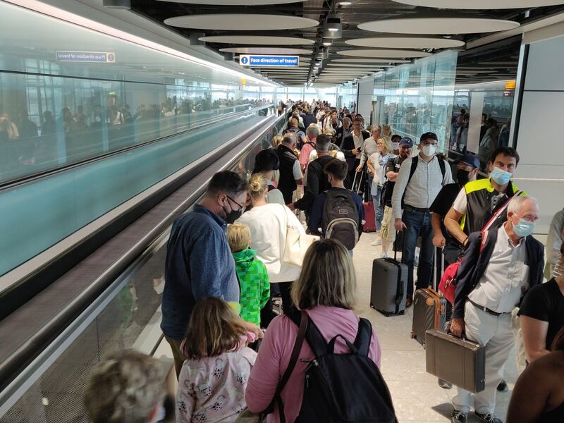 Passengers queueing for passport control after landing at Heathrow Airport on Wednesday morning. Photo: Salman S Chaudhry / Twitter