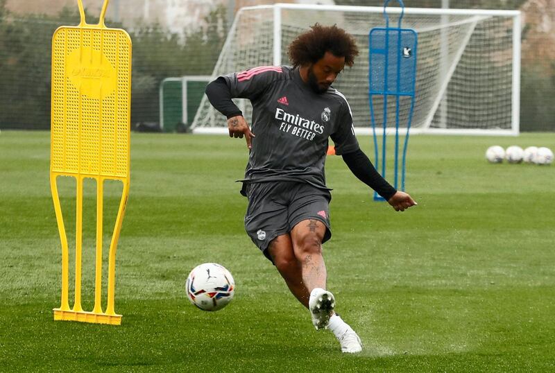 MADRID, SPAIN - NOVEMBER 18: Marcelo in action at Valdebebas training ground on November 18, 2020 in Madrid, Spain. (Photo by Helios de la Rubia/Real Madrid via Getty Images)