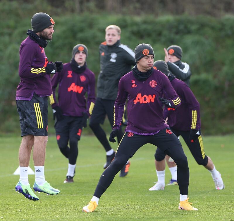 MANCHESTER, ENGLAND - NOVEMBER 23: Marcos Rojo of Manchester United in action during a first team training session ahead of the UEFA Champions League Group H stage match between Manchester United and Ä°stanbul Basaksehir at Aon Training Complex on November 23, 2020 in Manchester, England. (Photo by Matthew Peters/Manchester United via Getty Images)