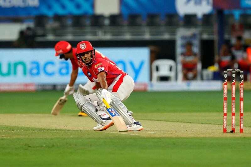 Mayank Agarwal of Kings XI Punjab  taking a singles during match 6 of season 13, Dream 11 Indian Premier League (IPL) between Kings XI Punjab and Royal Challengers Bangalore held at the Dubai International Cricket Stadium, Dubai in the United Arab Emirates on the 24th September 2020.  Photo by: Saikat Das  / Sportzpics for BCCI