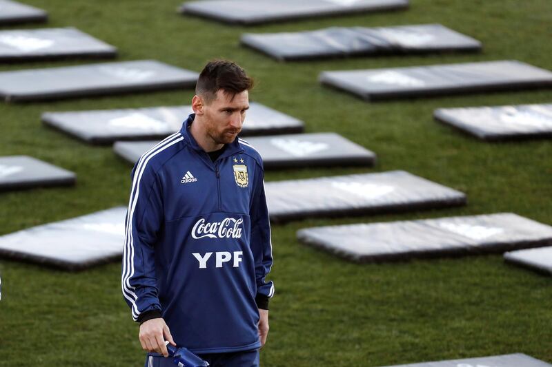 Argentina's Lionel Messim centre, attends a training session of the team at Valdebebas sports complex in Madrid. EPA