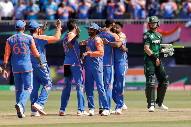 India's players celebrate victory over Pakistan in their T20 World Cup match at the Nassau County International Cricket Stadium in New York on Sunday, June 9, 2024. AP