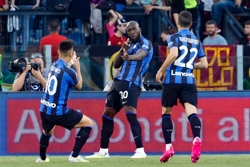 Inter Milan's Romelu Lukaku celebrates with Lautaro Martinez, left, after scoring in the Serie A game against Roma on May 6, 2023.   EPA
