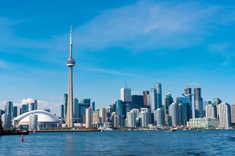 TORONTO, ONTARIO, CANADA - 2016/08/19: CN tower in Toronto skyline seen from Lake Ontario. The city offers boat tours which are very popular with tourists and visitors to the Financial Capital of Canada. (Photo by Roberto Machado Noa/LightRocket via Getty Images)