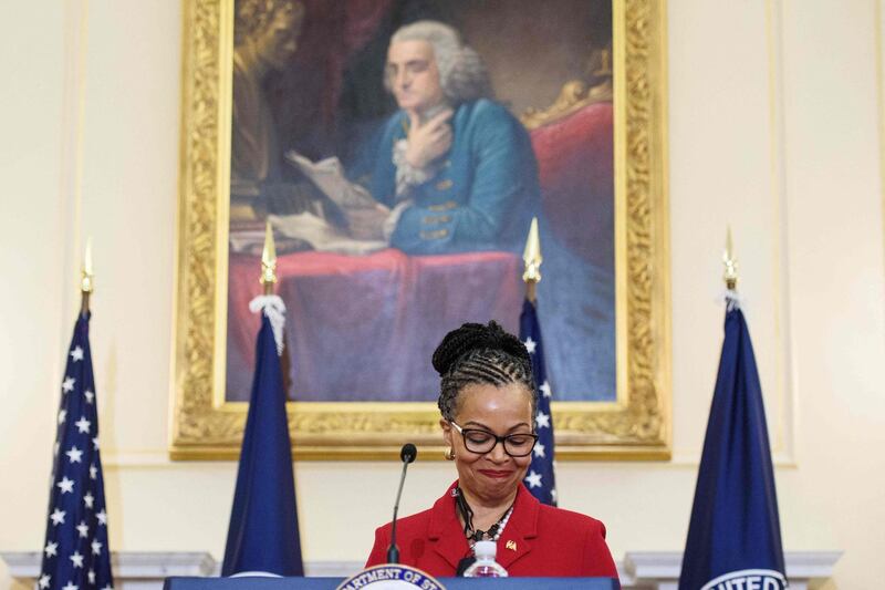 Former ambassador Gina Abercrombie-Winstanley smiles after US Secretary of State Antony Blinken announced that she would be the  first chief diversity officer in the Benjamin Franklin Room of the State Department in Washington, DC on April 12, 2021.  / AFP / POOL / MANDEL NGAN
