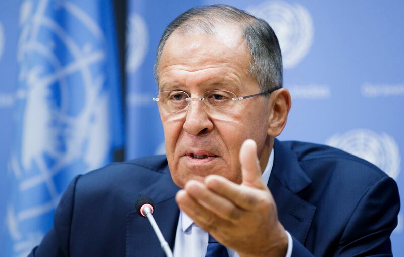 epa06220284 Russian Minister for Foreign Affairs, Sergey Lavrov, talks with reporters during a press conference on the sidelines of the General Debate of the 72nd United Nations General Assembly at UN headquarters in New York, New York, USA, 22 September 2017. The annual gathering of world leaders formally opened on 19 September 2017, with the theme 'Focusing on People: Striving for Peace and a Decent Life for All on a Sustainable Planet'.  EPA/JUSTIN LANE