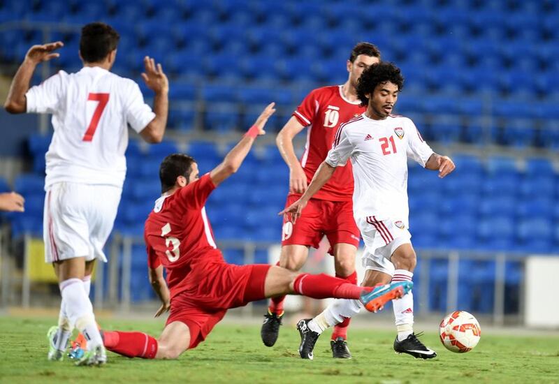 UAE’s Haboush Saleh, right, scored an injury-time winner during a friendly match against Jordan in Australia on Tuesday. Courtesy UAE FA

